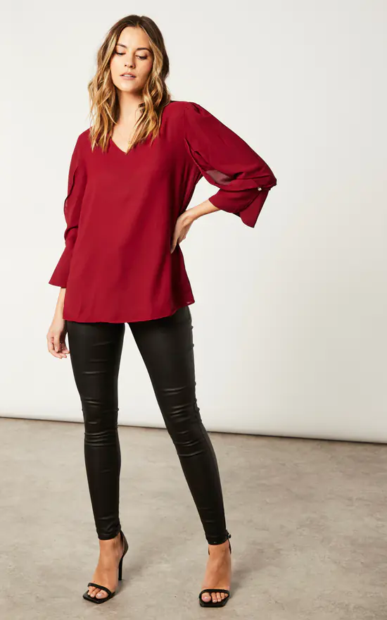 Budget ๐ HOXTON GAL Oversized Long Sleeves V Neck Blouse With Detailed Cuffs In Burgundy โ๏ธ - Image 3