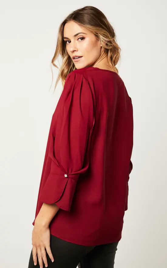 Budget ๐ HOXTON GAL Oversized Long Sleeves V Neck Blouse With Detailed Cuffs In Burgundy โ๏ธ - Image 4