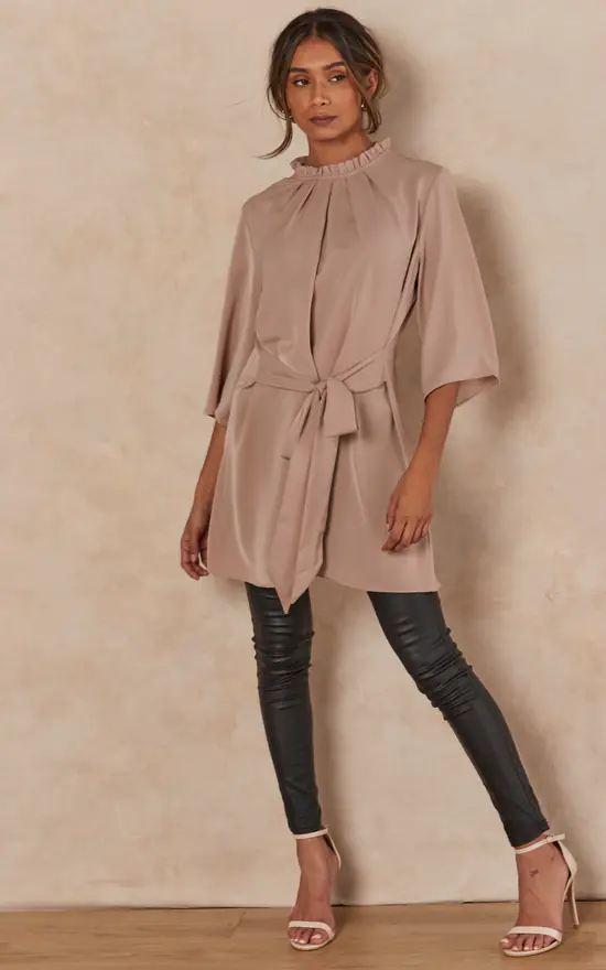 Best reviews of ๐ HOXTON GAL Oversized Satin Tie Waisted Ruffle Neck Tunic With 3/4 Sleeves In Beige ๐ฏ