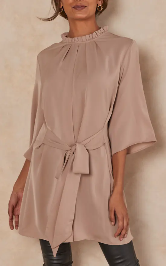 Best reviews of ๐ HOXTON GAL Oversized Satin Tie Waisted Ruffle Neck Tunic With 3/4 Sleeves In Beige ๐ฏ - Image 2