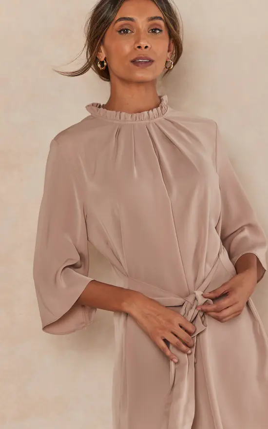 Best reviews of ๐ HOXTON GAL Oversized Satin Tie Waisted Ruffle Neck Tunic With 3/4 Sleeves In Beige ๐ฏ - Image 3