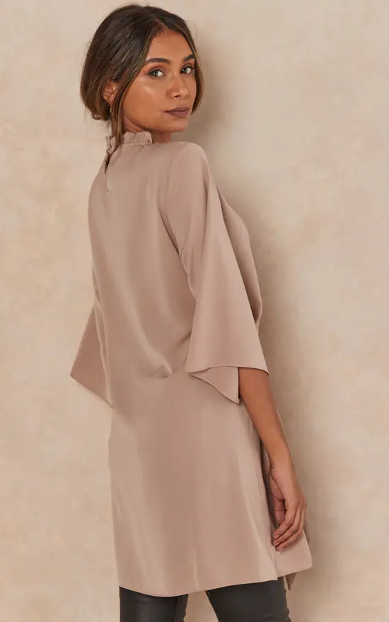 Best reviews of ๐ HOXTON GAL Oversized Satin Tie Waisted Ruffle Neck Tunic With 3/4 Sleeves In Beige ๐ฏ - Image 4