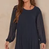 Budget 👍 HOXTON GAL Oversized Long Sleeves Pleated Tunic With Necklace In Navy ⭐