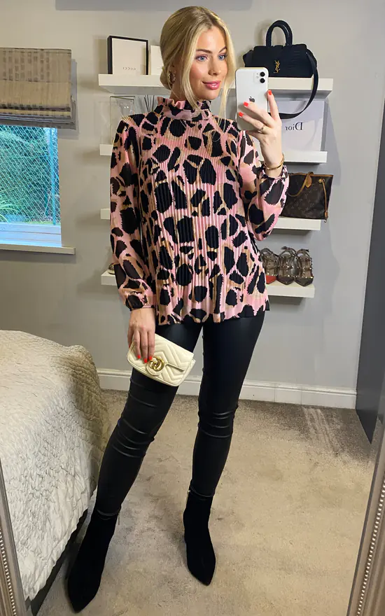 Best reviews of ✔️ KURT MULLER Giraffe Print Pleated High Neck Blouse In Pink ⌛ - Image 2