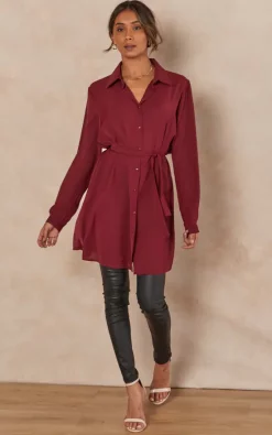 Outlet 🧨 HOXTON GAL Oversized Tie Detailed 👕 Shirt Tunic With Long Sleeves In Burgundy 🔥
