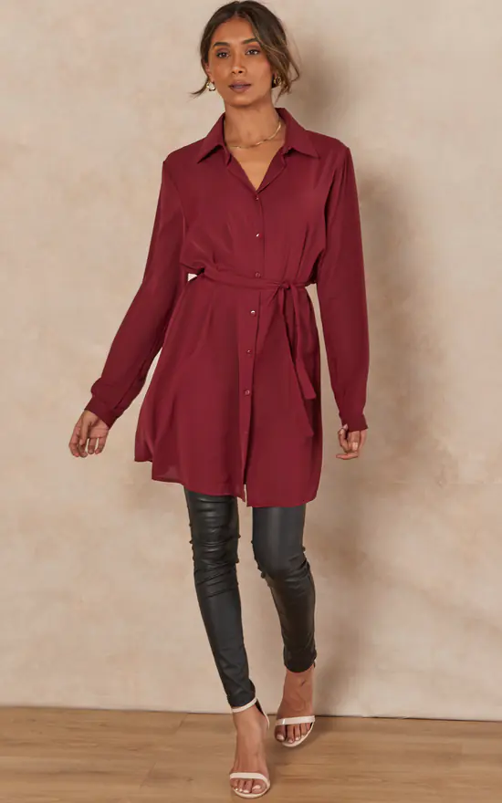 Outlet ๐งจ HOXTON GAL Oversized Tie Detailed ๐ Shirt Tunic With Long Sleeves In Burgundy ๐ฅ