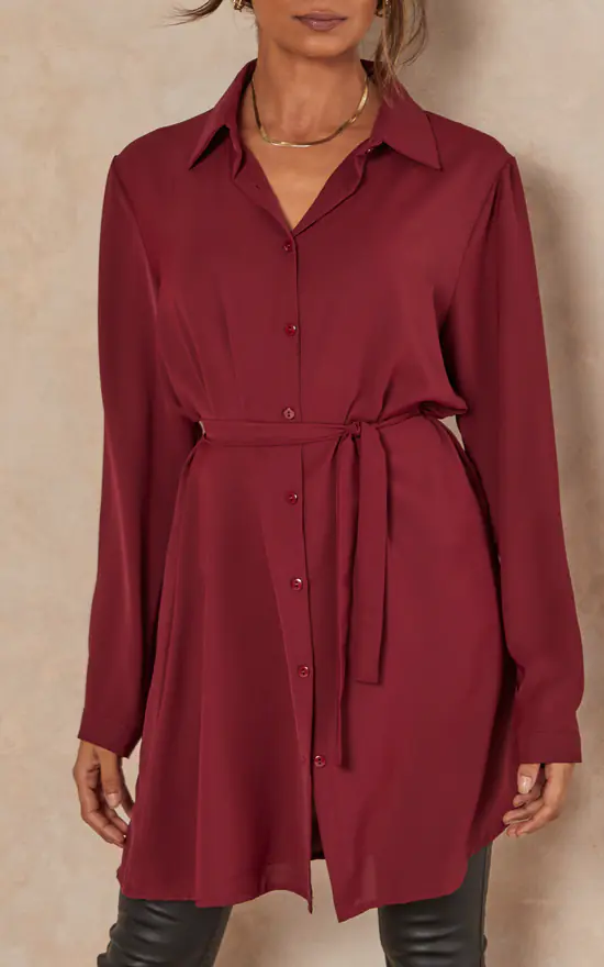 Outlet ๐งจ HOXTON GAL Oversized Tie Detailed ๐ Shirt Tunic With Long Sleeves In Burgundy ๐ฅ - Image 2