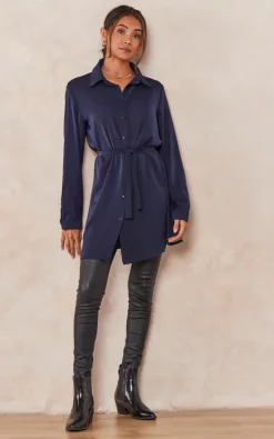 Top 10 😉 HOXTON GAL Oversized Tie Detailed 👕 Shirt Tunic With Long Sleeves In Navy 🧨
