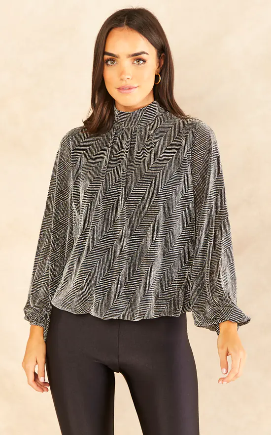 Wholesale โจ Blue Vanilla Metallic Puffball High Neck Long Sleeve Top ๐