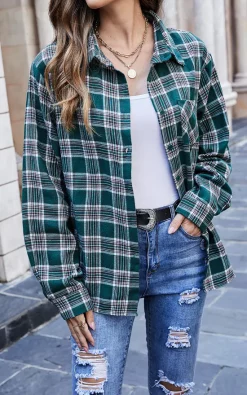 Best deal ❤️ FS Collection Oversized White Brushed Check Pocket Detail 👕 Shirt In Green ❤️