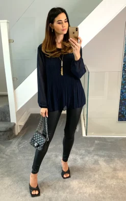 Best deal ✨ HOXTON GAL Long Sleeves Oversized Pleated Top With Necklace In Navy 👍