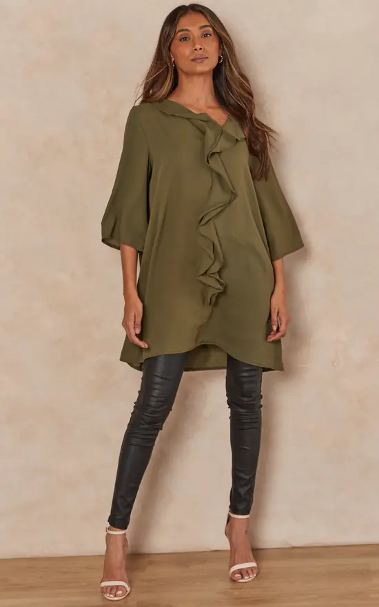 Cheapest ❤️ HOXTON GAL Relaxed Fit 3/4 Sleeves Frilled Front Detailed Satin Tunic In Khaki 😉