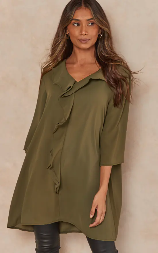 Cheapest ❤️ HOXTON GAL Relaxed Fit 3/4 Sleeves Frilled Front Detailed Satin Tunic In Khaki 😉 - Image 2