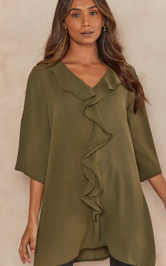 Cheapest ❤️ HOXTON GAL Relaxed Fit 3/4 Sleeves Frilled Front Detailed Satin Tunic In Khaki 😉 - Image 3