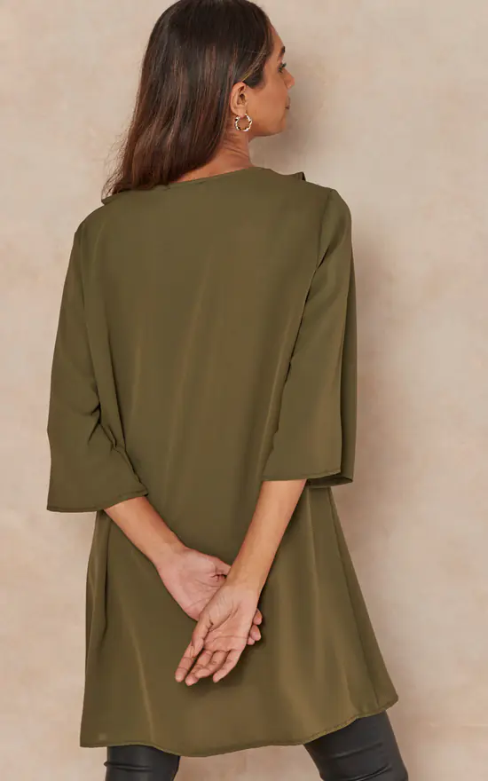 Cheapest ❤️ HOXTON GAL Relaxed Fit 3/4 Sleeves Frilled Front Detailed Satin Tunic In Khaki 😉 - Image 4