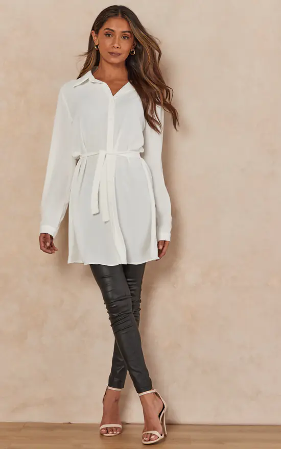 Buy 🌟 HOXTON GAL Oversized Tie Detailed 👚 Shirt Tunic With Long Sleeves In White ✨