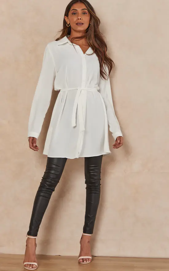 Buy 🌟 HOXTON GAL Oversized Tie Detailed 👚 Shirt Tunic With Long Sleeves In White ✨ - Image 2