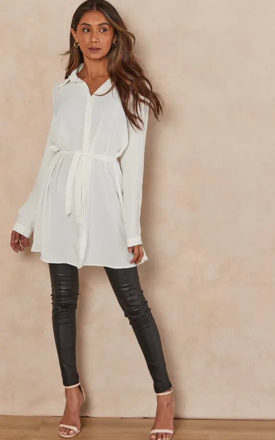 Buy 🌟 HOXTON GAL Oversized Tie Detailed 👚 Shirt Tunic With Long Sleeves In White ✨ - Image 3