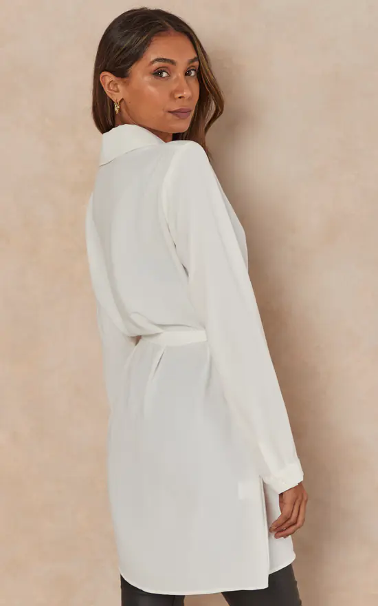 Buy 🌟 HOXTON GAL Oversized Tie Detailed 👚 Shirt Tunic With Long Sleeves In White ✨ - Image 4
