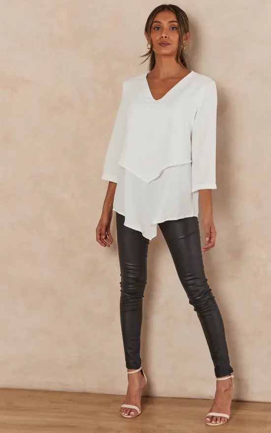 Budget ๐คฉ HOXTON GAL Oversized 3/4 Sleeves V Neck Detailed Layered Satin Blouse In White ๐คฉ - Image 2