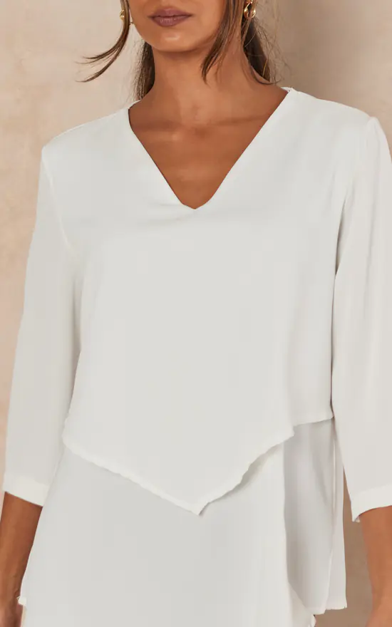 Budget ๐คฉ HOXTON GAL Oversized 3/4 Sleeves V Neck Detailed Layered Satin Blouse In White ๐คฉ - Image 3