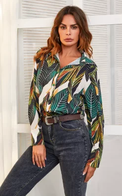 Promo 🌟 FS Collection Leaf Print 👚 Shirt In Green 🥰