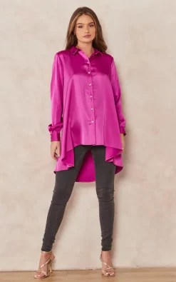 Top 10 🤩 Edie B. Lori Orchid Satin Blouse With Hi Lo Hem 😉