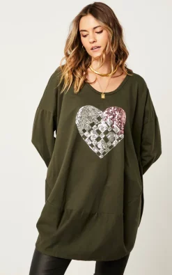 Best deal ⭐ Blue Vanilla Applique Graphic Heart Sweatshirt In Khaki 💯
