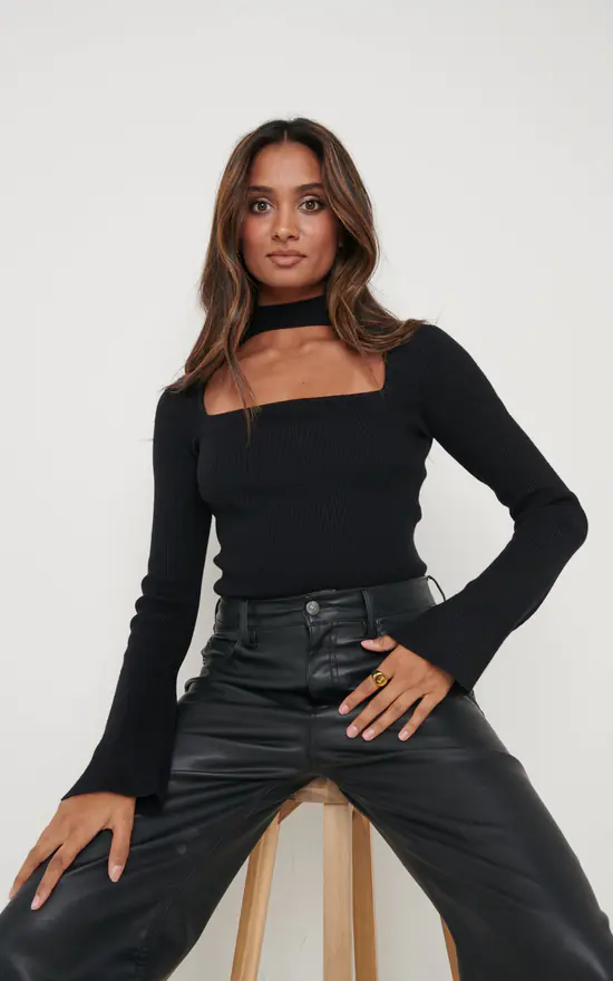 Cheap ⭐ Pretty Lavish Posie High Neck Cut Out Knit Top Black 😍