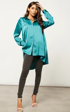 Best Pirce 🤩 Edie B. Lori Teal Satin Blouse With Hi Lo Hem 🥰