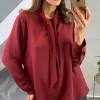 Discount 🛒 HOXTON GAL Oversized Long Sleeves Tie Neck Top In Burgundy ❤️