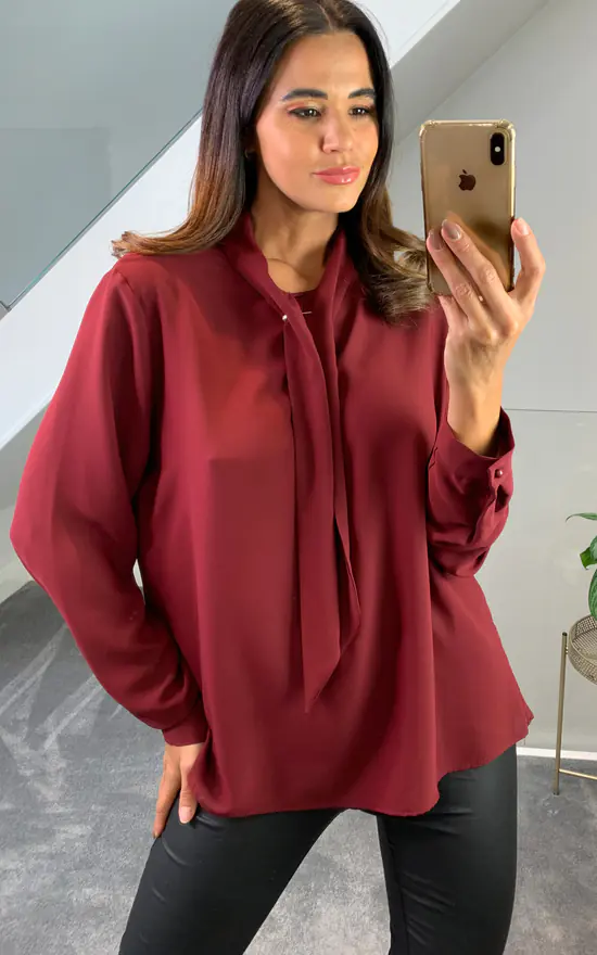 Discount 🛒 HOXTON GAL Oversized Long Sleeves Tie Neck Top In Burgundy ❤️