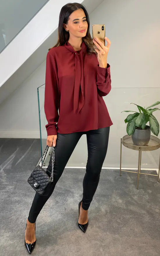 Discount 🛒 HOXTON GAL Oversized Long Sleeves Tie Neck Top In Burgundy ❤️ - Image 2