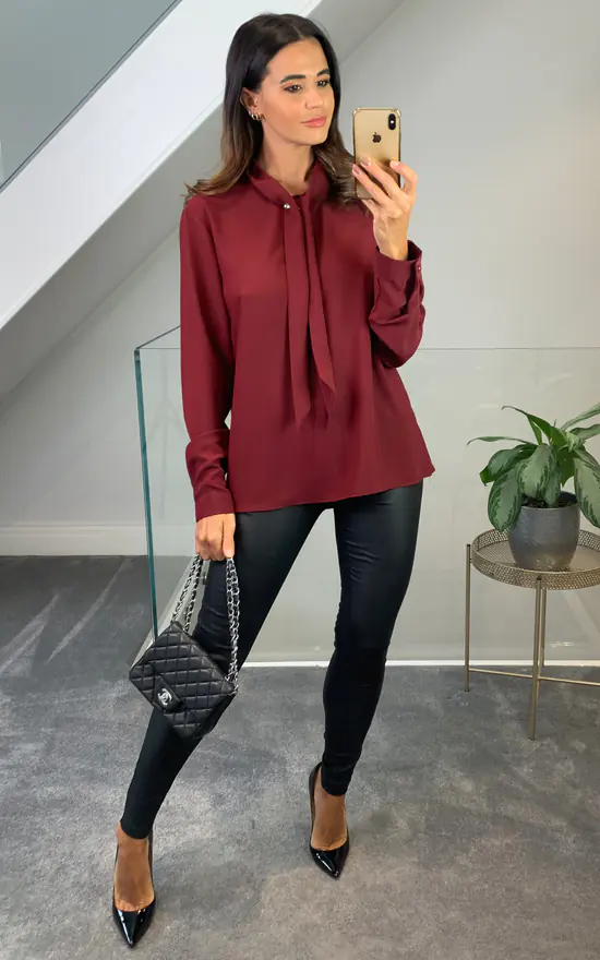 Discount 🛒 HOXTON GAL Oversized Long Sleeves Tie Neck Top In Burgundy ❤️ - Image 3