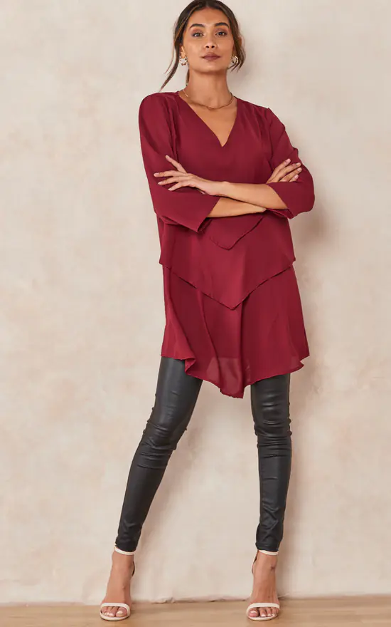 Budget ๐ HOXTON GAL Oversized 3/4 Sleeves Layered V Neck Satin Tunic Top In Burgundy ๐ฏ