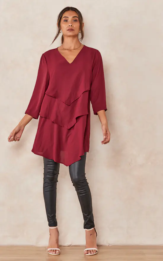 Budget ๐ HOXTON GAL Oversized 3/4 Sleeves Layered V Neck Satin Tunic Top In Burgundy ๐ฏ - Image 2