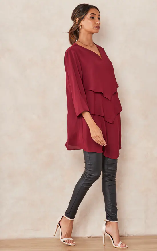 Budget ๐ HOXTON GAL Oversized 3/4 Sleeves Layered V Neck Satin Tunic Top In Burgundy ๐ฏ - Image 3