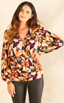 Best Sale ⭐ Blue Vanilla Geo Print Wrap Front Deep Hem Band Top 🛒