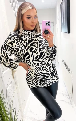 Hot Sale 👍 AX Paris Black And Stone Printed Long Sleeve High Neck Blouse 😍