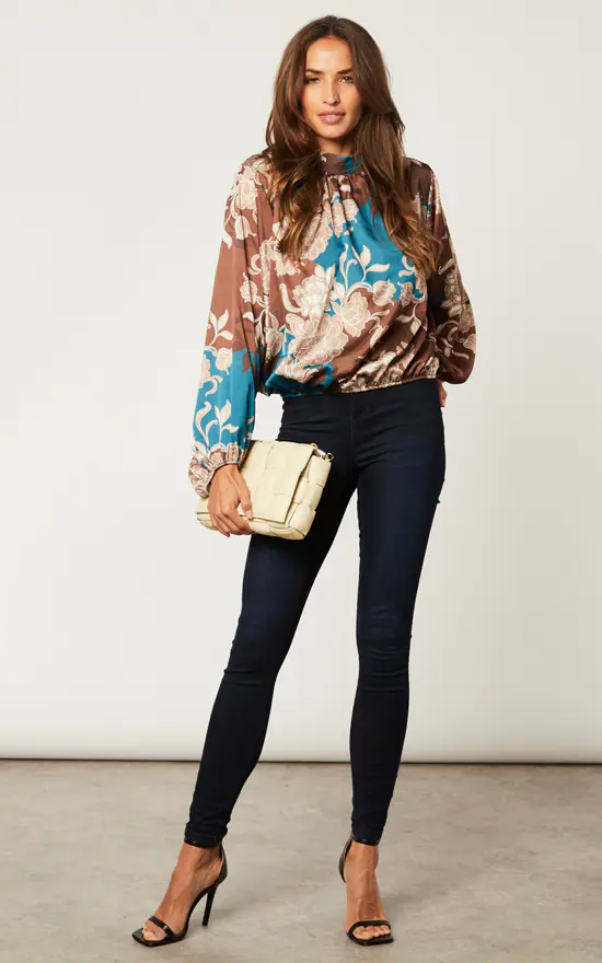 Cheapest ๐ Blue Vanilla High Neck Satin Elastic Waist Blouse In Chocolate ๐