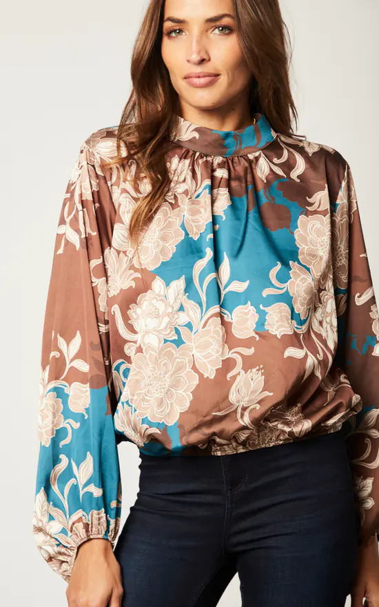 Cheapest ๐ Blue Vanilla High Neck Satin Elastic Waist Blouse In Chocolate ๐ - Image 2