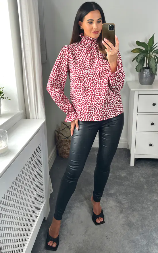 Discount ๐ฅฐ D.Anna Leopard Print Top With Frilled High Neck And Long Sleeves In Burgundy โญ