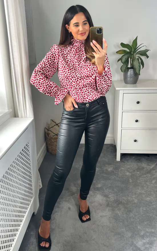 Discount ๐ฅฐ D.Anna Leopard Print Top With Frilled High Neck And Long Sleeves In Burgundy โญ - Image 3