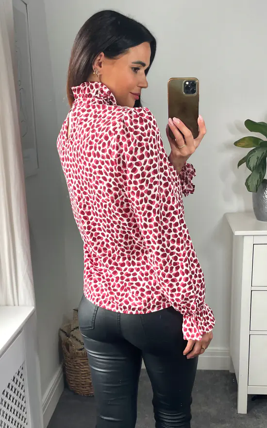 Discount ๐ฅฐ D.Anna Leopard Print Top With Frilled High Neck And Long Sleeves In Burgundy โญ - Image 4