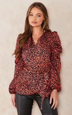 Coupon 👏 Jenerique Long Sleeve Wrap Satin Top In Black/Orange Abstract Polka Dot Print 💯