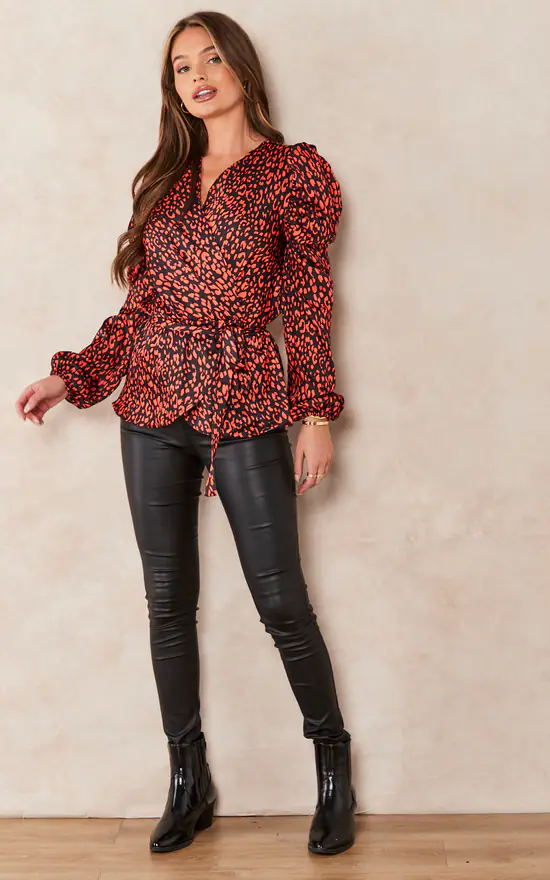 Coupon ๐ Jenerique Long Sleeve Wrap Satin Top In Black/Orange Abstract Polka Dot Print ๐ฏ - Image 2