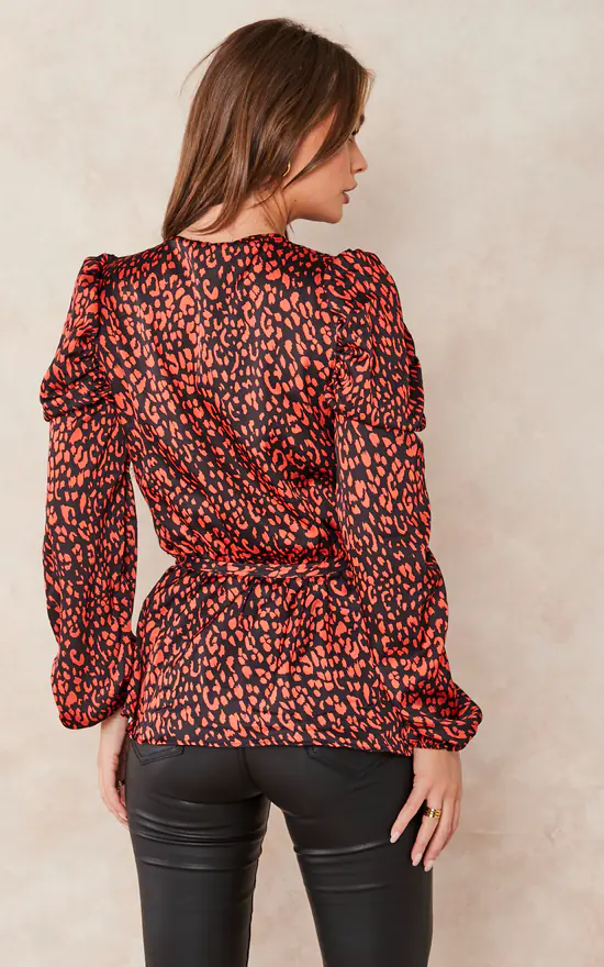Coupon ๐ Jenerique Long Sleeve Wrap Satin Top In Black/Orange Abstract Polka Dot Print ๐ฏ - Image 4