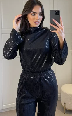 Best deal ⭐ Glamorous Black Sequin Cowl Neck Blouse 👏