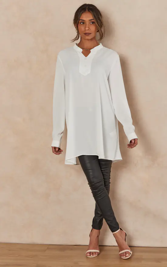 Wholesale 👍 HOXTON GAL Oversized Satin Long Sleeves Tunic With Button Details In White ✔️