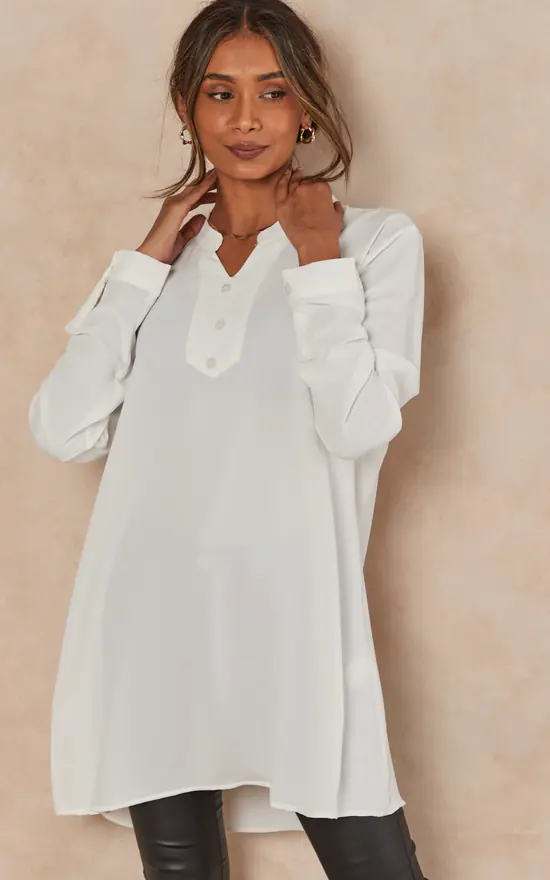 Wholesale 👍 HOXTON GAL Oversized Satin Long Sleeves Tunic With Button Details In White ✔️ - Image 2